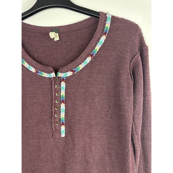 We The Free People Rainbow Trim Henley Thermal Top Small Boho Embroidered Wine - Picture 6 of 13